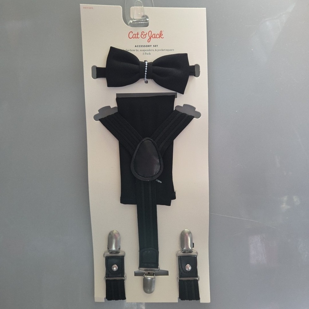 Cat & Jack Boys Bow Tie Suspender Handkerchief Black Adjustable Elastic 3pk Set
